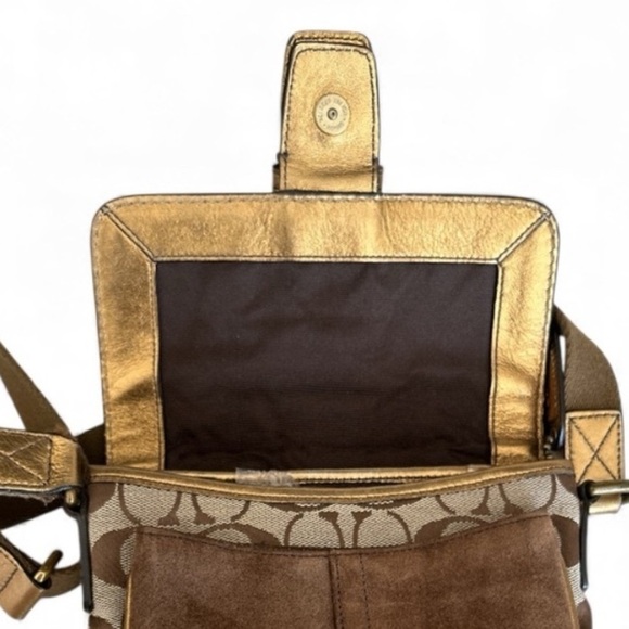 Coach Legacy Suede Signature Canvas Bronze Brown Buckle Flap Crossbody Bag 7x8x1 - Picture 12 of 16